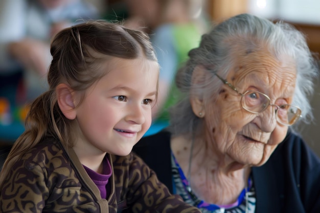 Generations together joyful child with elderly woman