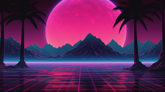 Generative AI 80s retro futuristic scifi nostalgic 90s Night and sunset neon colors cyberpunk