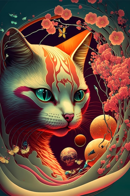 Generative AI abstract design chinese new year cute cats with spring colors surreal fantasy peach flower Happy new year concept 2023 Year of Cat Lunar new year