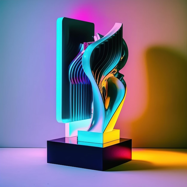 Generative AI abstract metal sculpture with colorful lights