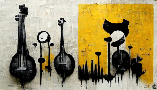 Generative AI Abstract Street art with keys and musical instruments silhouettes