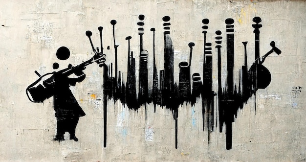 Generative AI Abstract Street art with keys and musical instruments silhouettes