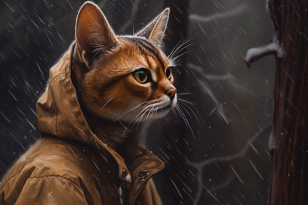 Generative AI abyssinian cat adventurer in winter forets Oil Painting of cute pet animal