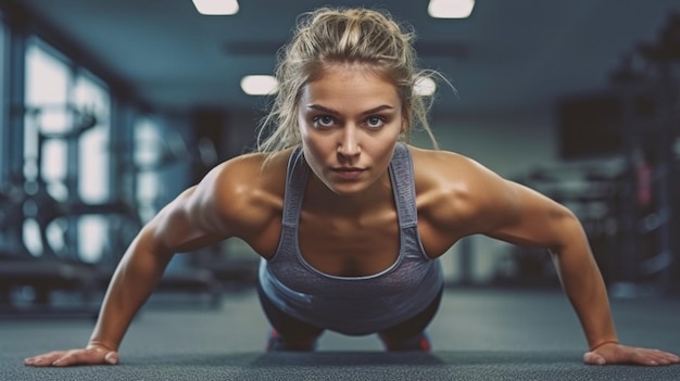 Generative AI active young woman performing pushups on gym floor