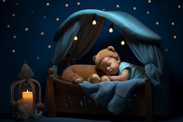 Generative AI Adorable baby sleeping in blue bassinet with canopy at night Little boy in pajamas