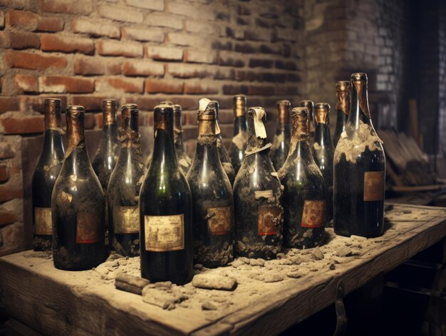 Generative AI Aged wine bottles in a dusty cellar vintage collection