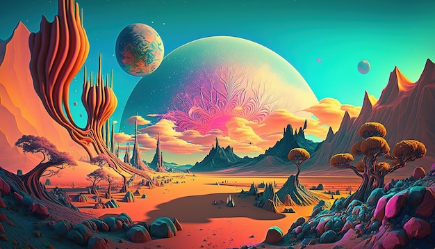 Generative AI Alien planet landscape Psychedelic Space banner template background