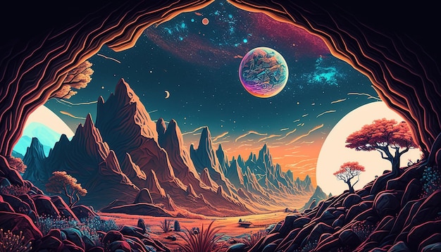 Generative AI Alien planet landscape Psychedelic Space banner template background