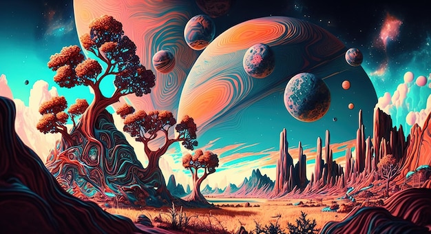 Generative AI Alien planet landscape Psychedelic Space banner template background