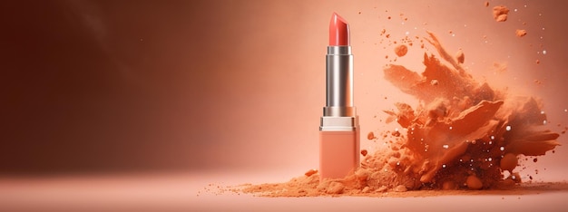 Photo generative ai apricot color lipstick orange powder splashes and smoke with copy space