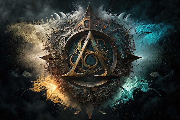 Generative AI arcane symbol with effect of fire and ice Magic symbol Asgard symbol Runes and triangle symbol with gold and metal color