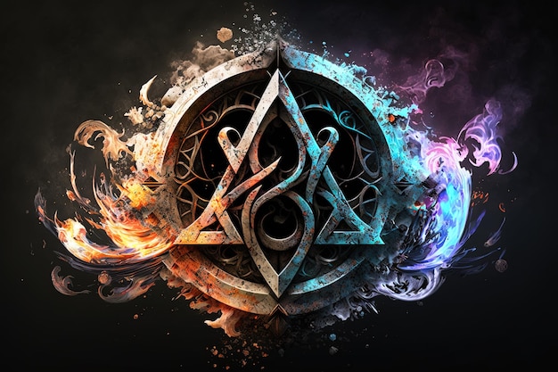 Generative AI arcane symbol with effect of fire and ice Magic symbol Asgard symbol Runes and triangle symbol with gold and metal color