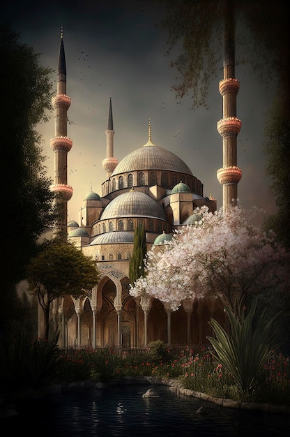 Generative AI architecture illustration of beautiful mosque in Muslim world