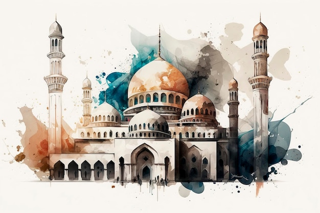 Generative AI architecture illustration of beautiful mosque in Muslim world