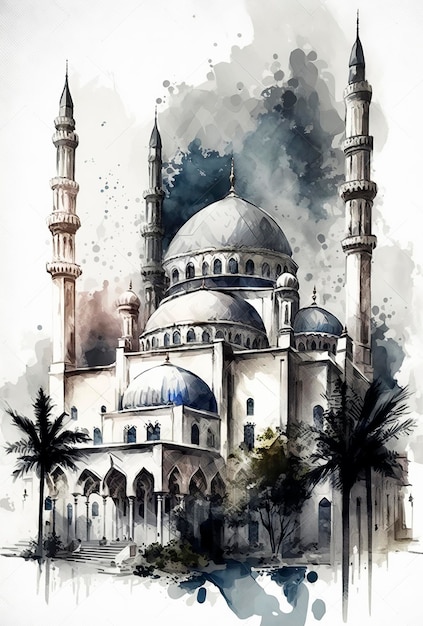 Generative AI architecture illustration of beautiful mosque in Muslim world