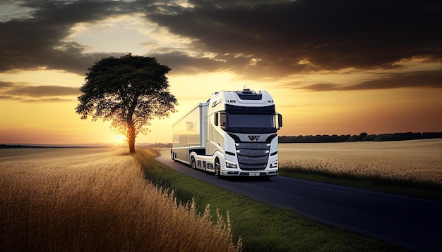 Generative AI arrives on the road in a white truck at sunset in a rural environment