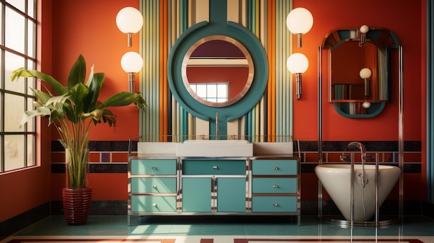 Generative AI An art decoinspired bathroom with bold colors geometric shapes and mirrored surfaces