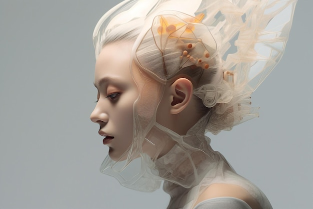 Generative ai artificial intelligence creative photo sensual tender young girl wear strange headwear look like futuristic bride