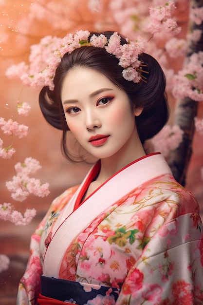 Generative ai Asian girl traditional kimono and cherry garden