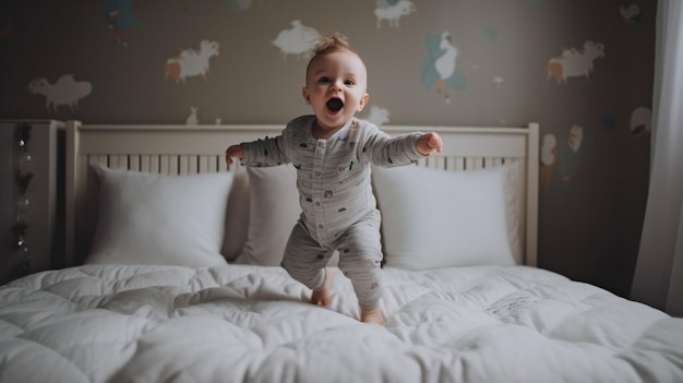 Generative AI baby jumps on the bed