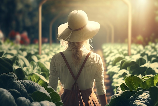 Generative ai back view of young woman walking growing green agriculture in vegetables garden