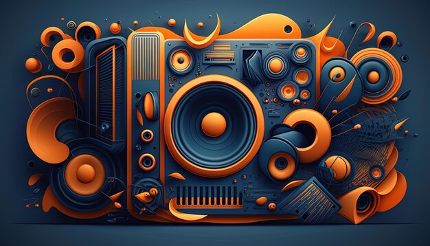 Generative AI Background banner Music and sound with some technology orange and dark blue colorGold music notes and treble clef on line wave of sound tune illustration template for music festival