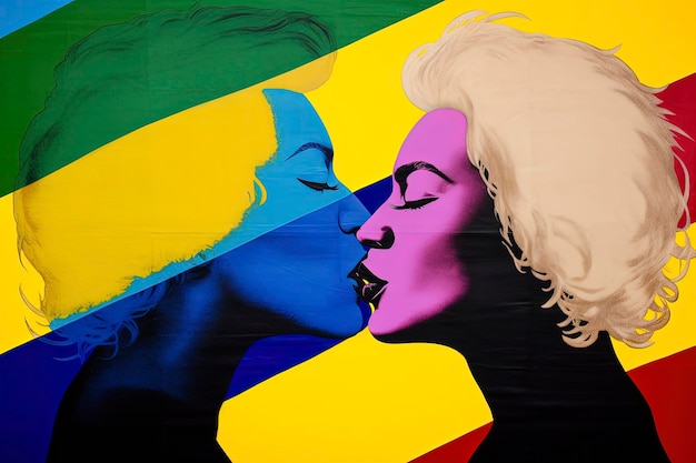 Generative AI background illustration of Happy lesbians one caucasian one black kissing for during pride gay