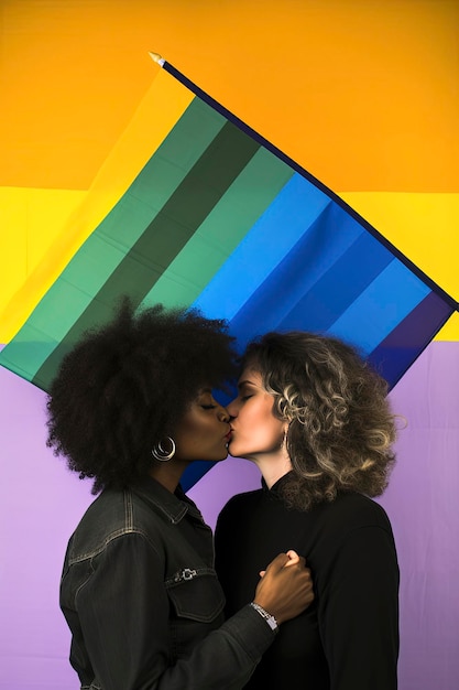 Generative AI background illustration of Happy lesbians one caucasian one black kissing for during pride gay