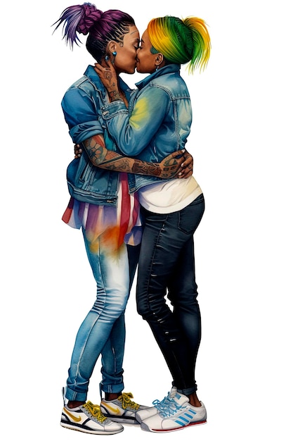 Generative AI background illustration of Happy lesbians one caucasian one black kissing for during pride gay