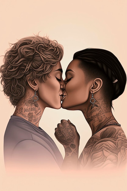 Generative AI background illustration of Happy lesbians one caucasian one black kissing for during pride gay