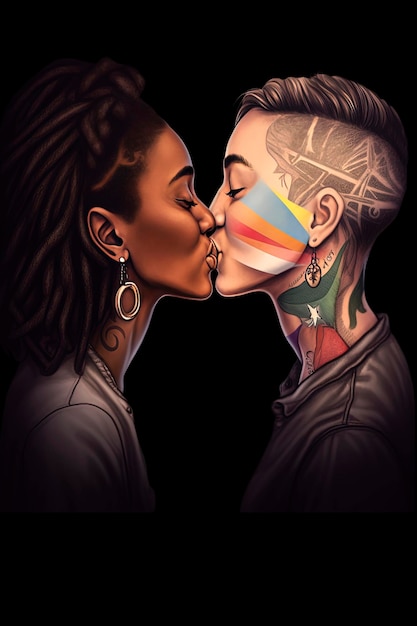 Generative AI background illustration of Happy lesbians one caucasian one black kissing for during pride gay