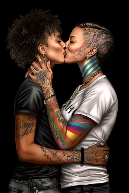 Generative AI background illustration of Happy lesbians one caucasian one black kissing for during pride gay