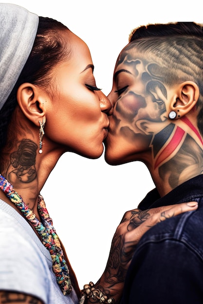 Generative AI background illustration of Happy lesbians one caucasian one black kissing for during pride gay