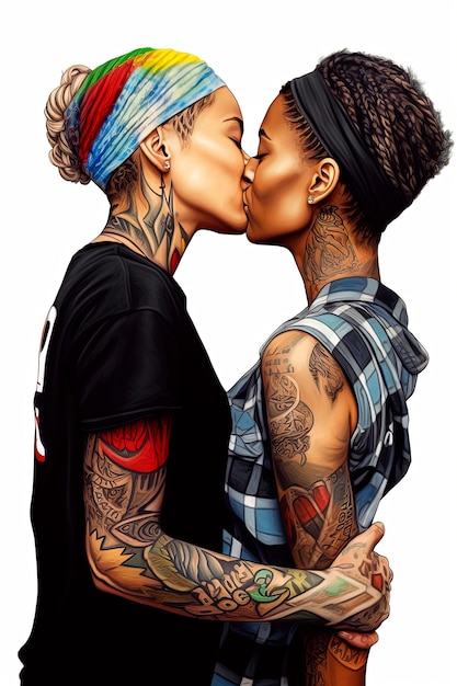 Generative AI background illustration of Happy lesbians one caucasian one black kissing for during pride gay