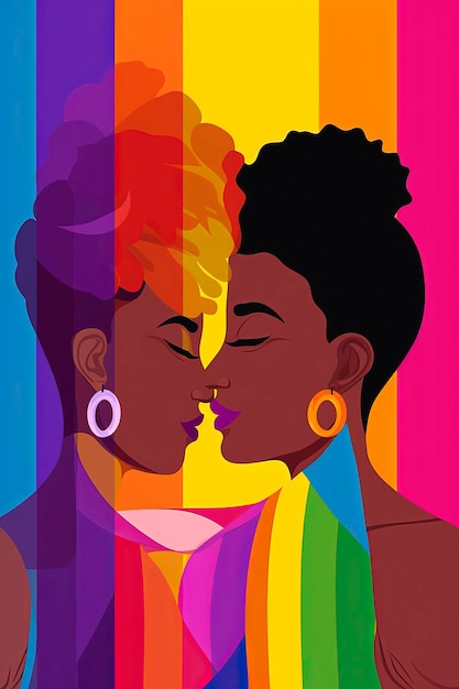 Generative AI background illustration of Happy lesbians one caucasian one black kissing for during pride gay