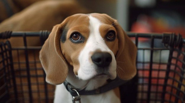 Generative AI a beagle in a basket on a shopping cart