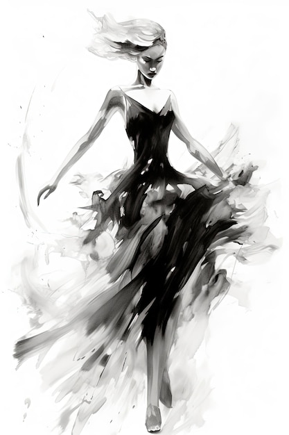 Generative AI Beautiful dancing woman drawn by black ink or watercolor