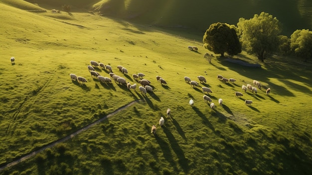 Generative AI Beautiful green mountains landscape with flock of sheeps grazing on lush grass