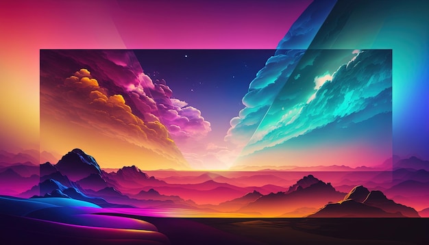 Generative AI Beautiful landscape with sun and mountains in trendy 80s 90s colors