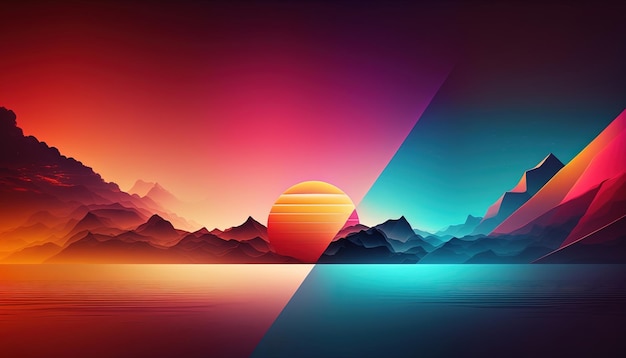 Generative AI Beautiful landscape with sun and mountains in trendy 80s 90s colors