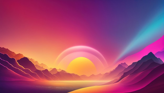 Generative AI Beautiful landscape with sun and mountains in trendy 80s 90s colors