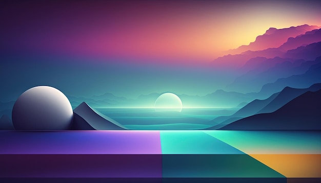 Generative AI Beautiful landscape with sun and mountains in trendy 80s 90s colors