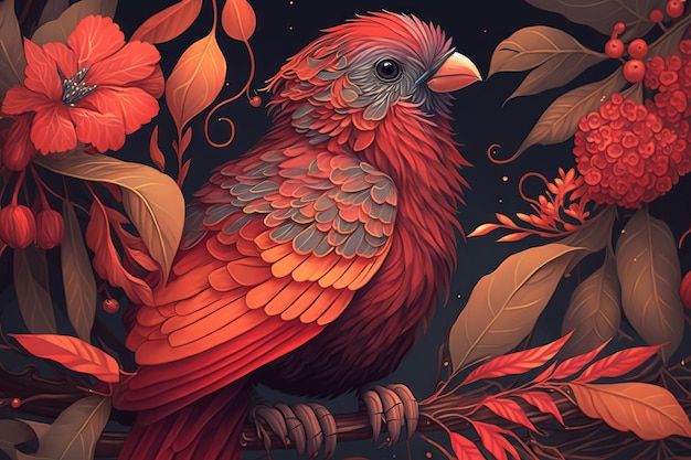 Generative AI of a beautiful red parrot sitting on a branch