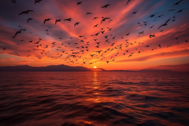 Generative ai beautiful sunset over the sea with flying birds