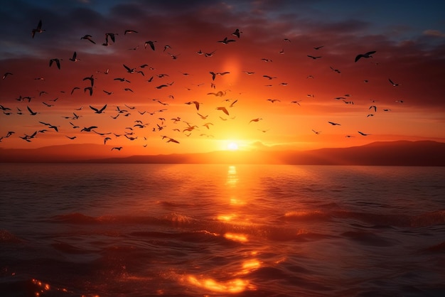 Generative ai beautiful sunset over the sea with flying birds