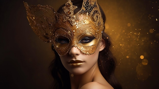 Generative AI beautiful young woman in enigmatic golden Venetian mask