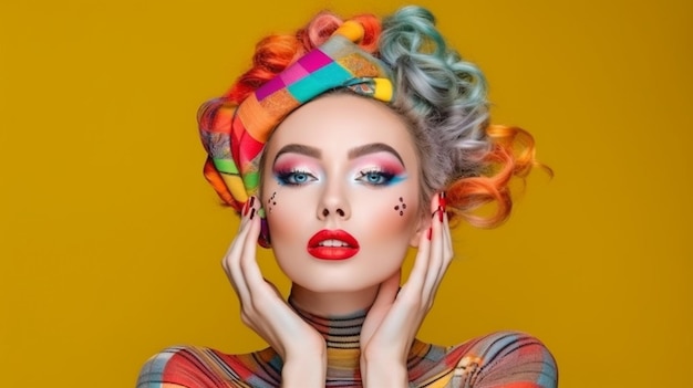 Generative AI Beauty Model with Vivid Makeup Hair Nails and Accessory