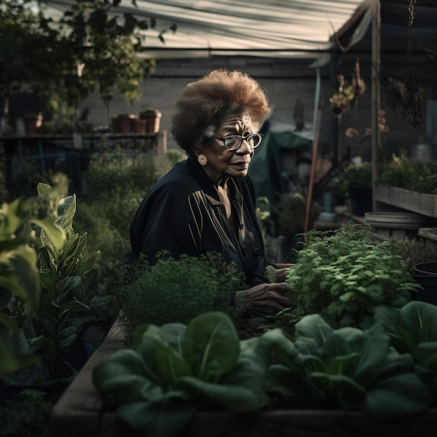 Generative ai black senior woman posing surrounded by plants in greenhouse