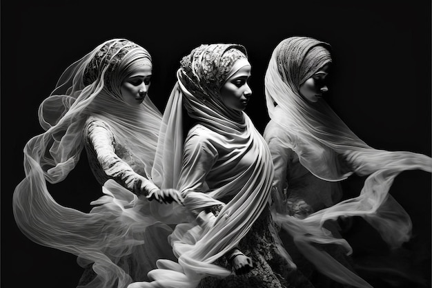 Generative ai black and white illustration of three women dancing