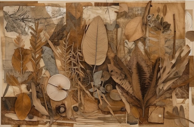 Generative AI board with dry leaves and flowers collage on a textured paper vintage background